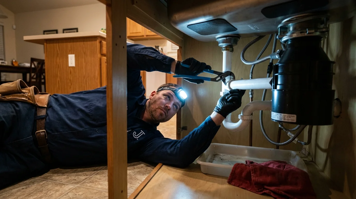 P-trap and supply line connections under a kitchen sink showing a common leak point in Alexander, AR